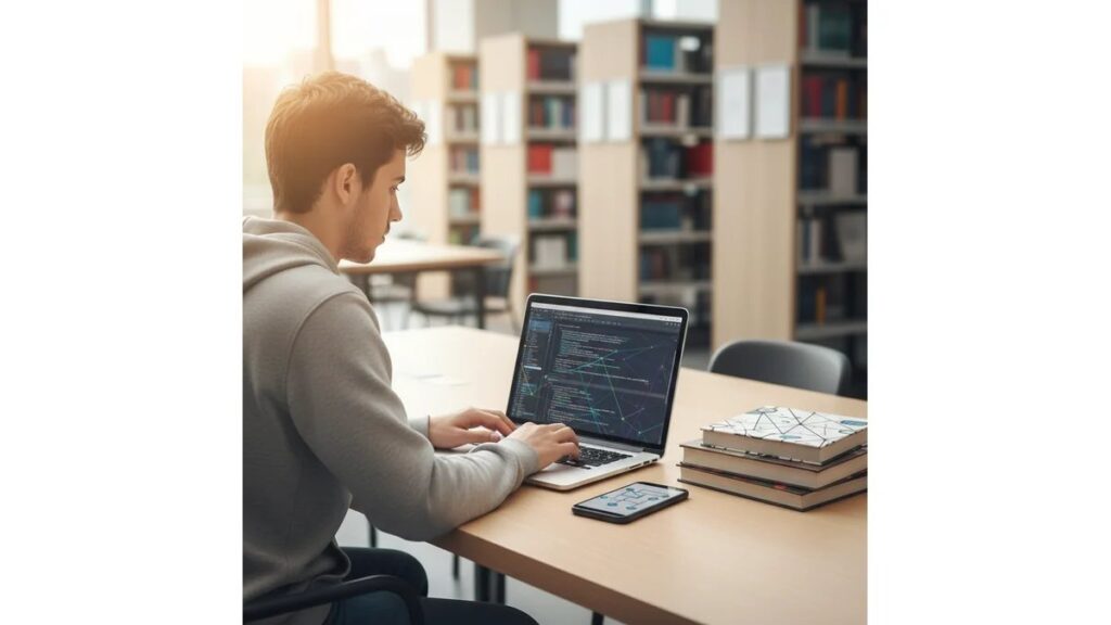 Estudante de Engenharia de Software escolhendo temas para TCC em notebook com códigos na tela, livros de programação e ambiente universitário moderno