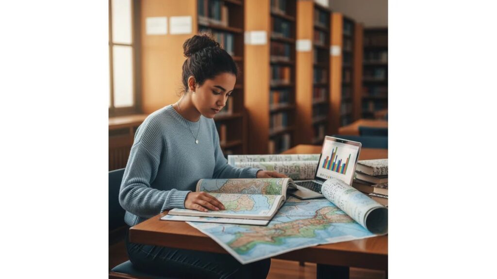 Estudante de Geografia escolhendo temas para TCC de geografia com mapas, atlas e materiais de pesquisa em biblioteca universitária