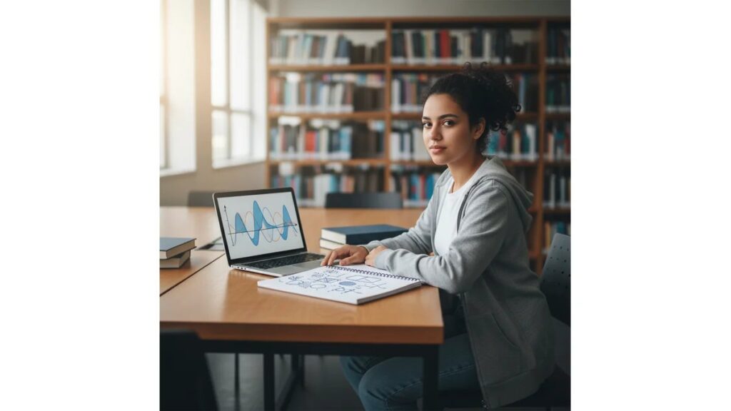 Estudante de matemática em biblioteca universitária analisando temas para TCC de matemática, cercada por livros e laptop com gráficos