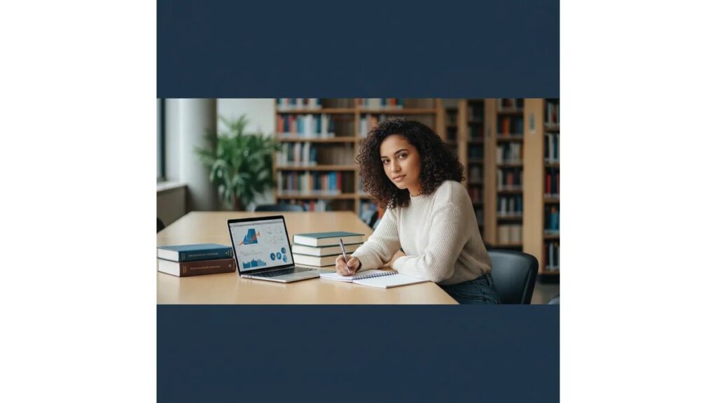 Estudante de medicina em biblioteca universitária moderna escolhendo temas para TCC de medicina, consultando livros e laptop com expressão concentrada e confiante