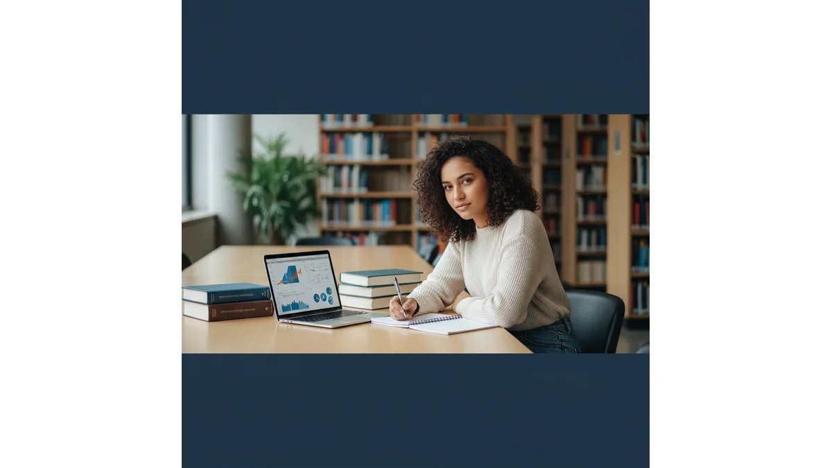 Estudante de medicina em biblioteca moderna, consultando livros e laptop, expressão concentrada e confiante, ambiente acadêmico iluminado