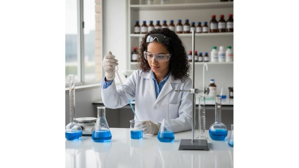 Estudante de química em laboratório escolhendo temas para TCC de química com vidrarias e equipamentos