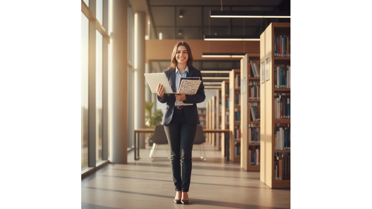 Estudante de Serviço Social sorrindo, segurando livros e notebook, em ambiente universitário acolhedor, transmitindo confiança e determinação | ALT: "Estudante de Serviço Social confiante com livros e notebook preparando TCC"