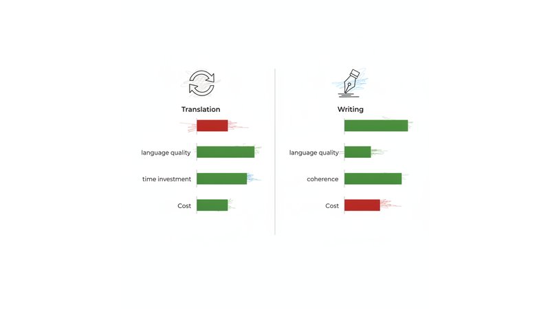 Tabela comparativa lado a lado - Tradução Automática vs Escrita Original (prós/contras, tempo, custo, qualidade)
