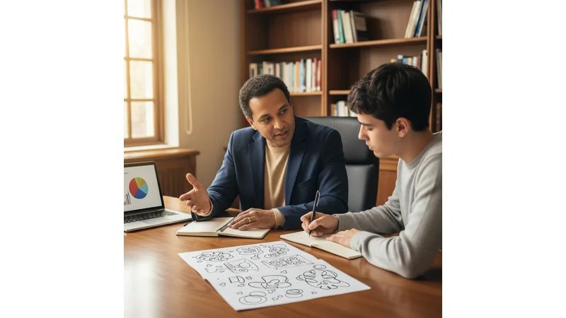 Estudante em reunião com orientador, ambiente acadêmico, diálogo construtivo, anotações e livros sobre mesa | ALT: "validação tema tcc artes visuais com orientador"