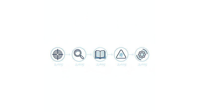 Infográfico mostrando os 5 passos em sequência numerada com ícones: 1) Retomar Objetivos (alvo), 2) Analisar Resultados (lupa), 3) Relacionar com Literatura (livros), 4) Apontar Limitações (aviso), 5) Estruturar com Clareza (engrenagem)