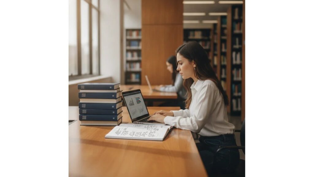 Estudante universitária brasileira trabalhando Formatação ABNT Capa de Trabalho em biblioteca moderna com laptop e materiais acadêmicos organizados