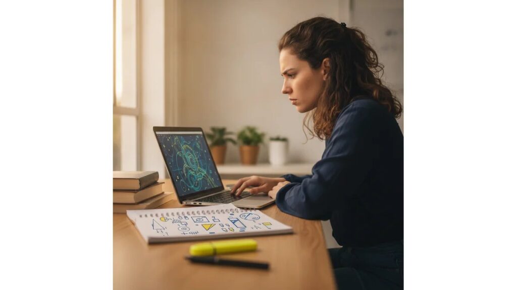 Estudante universitária revisando citações ABNT NBR 10520 em laptop com livros e caderno sobre mesa de estudo organizada