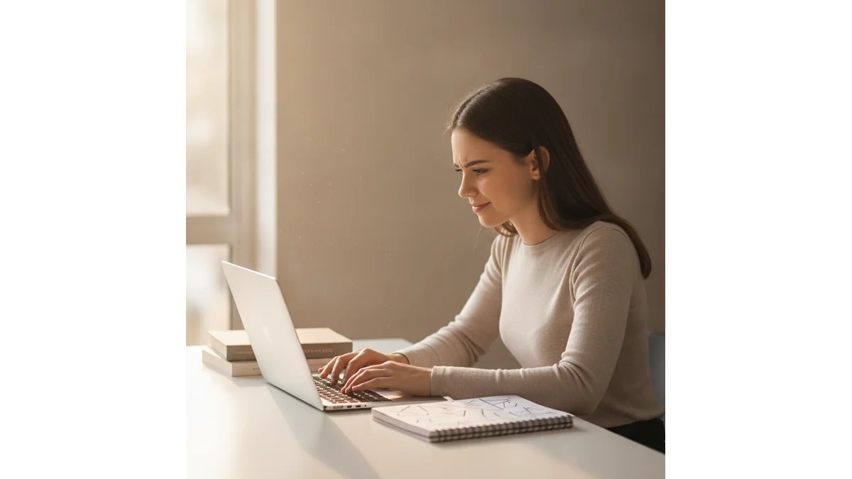Estudante universitário formatando TCC no notebook, com régua e normas ABNT visíveis na tela, ambiente de estudo organizado e iluminado