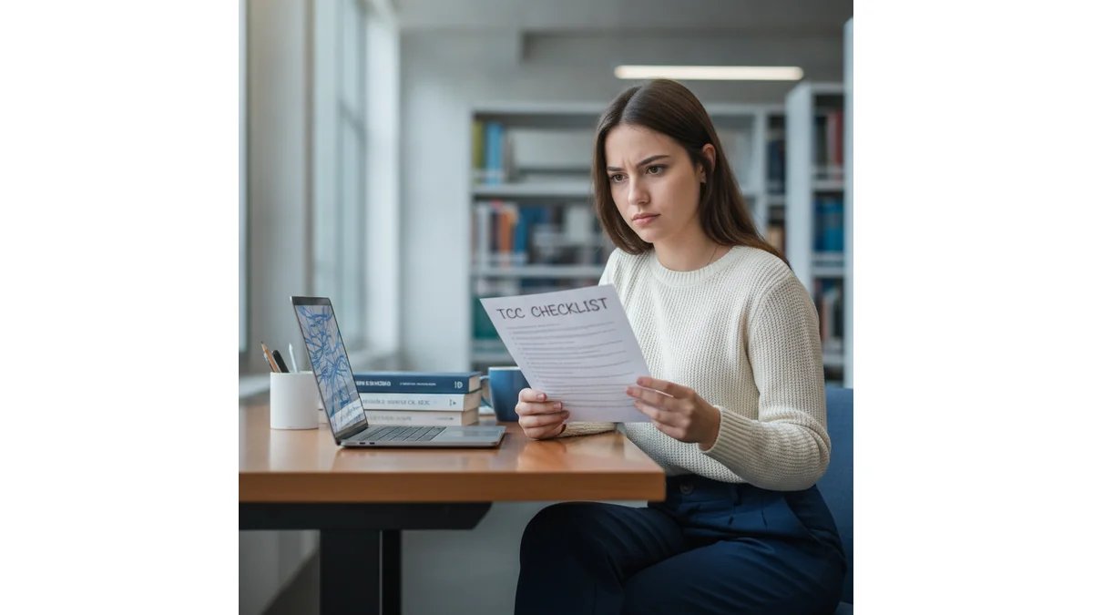 Regras ABNT para TCC: estudante conferindo margens, fonte e espaçamento do trabalho no computador