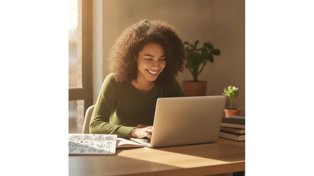 Estudante universitária sorrindo enquanto finaliza agradecimento TCC no laptop, em ambiente de estudo organizado com livros e iluminação natural