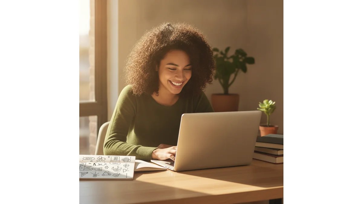 Estudante sorrindo em frente ao computador finalizando os elementos pré-textuais do TCC, com foco em uma página de agradecimentos bem formatada na tela