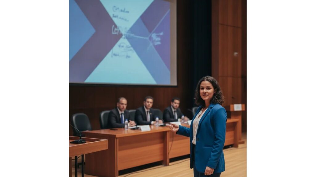 Estudante universitária apresentando seu TCC com confiança diante de banca examinadora em auditório formal, com slides profissionais projetadas ao fundo