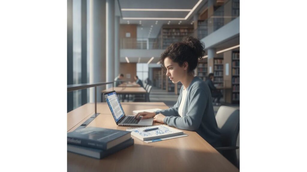 Estudante de pós-graduação estruturando artigo científico em ABNT com laptop e livros acadêmicos em biblioteca moderna