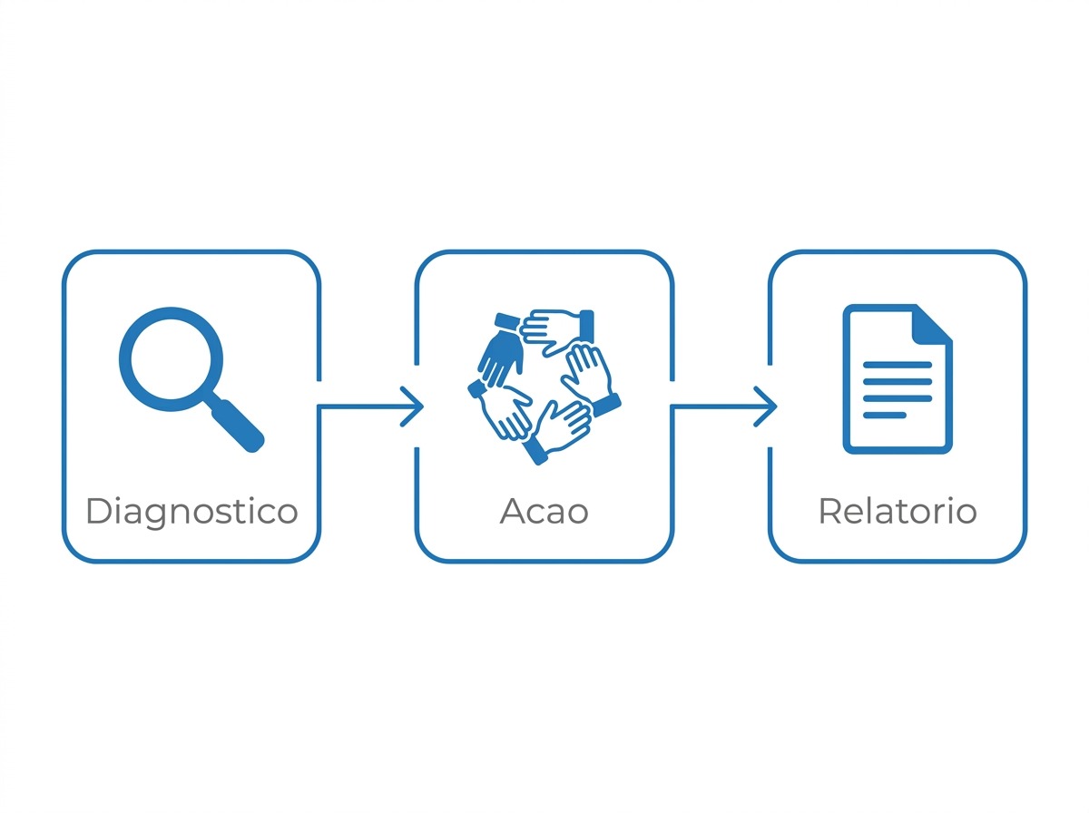 Fluxo de tres etapas do projeto de extensao: diagnostico, acao e relatorio
