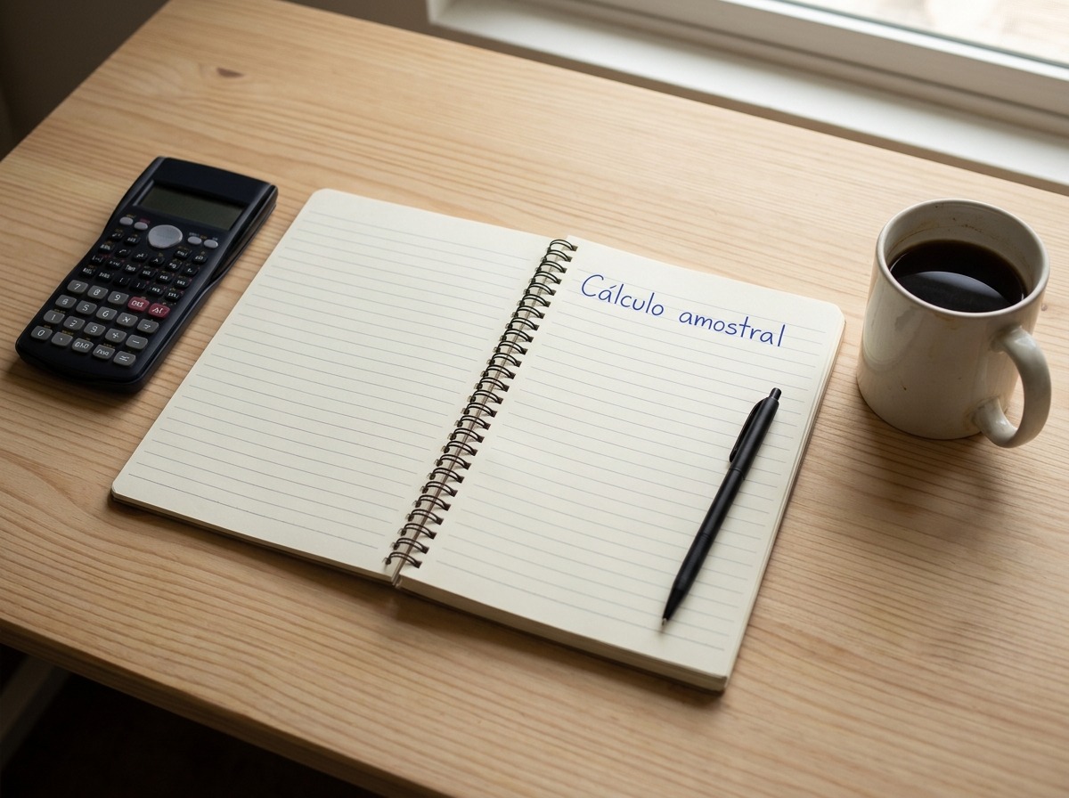 Calculadora e caderno com a anotacao calculo amostral sobre a mesa
