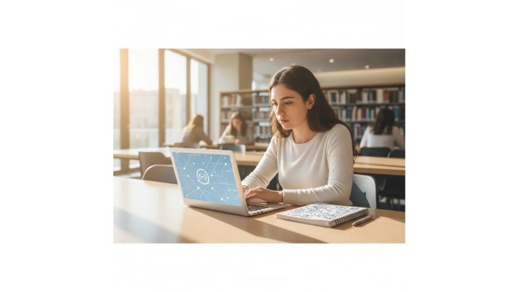 Notebook aberto com um assistente de escrita ao lado de livros e fichamentos, representando o uso de ChatGPT no TCC
