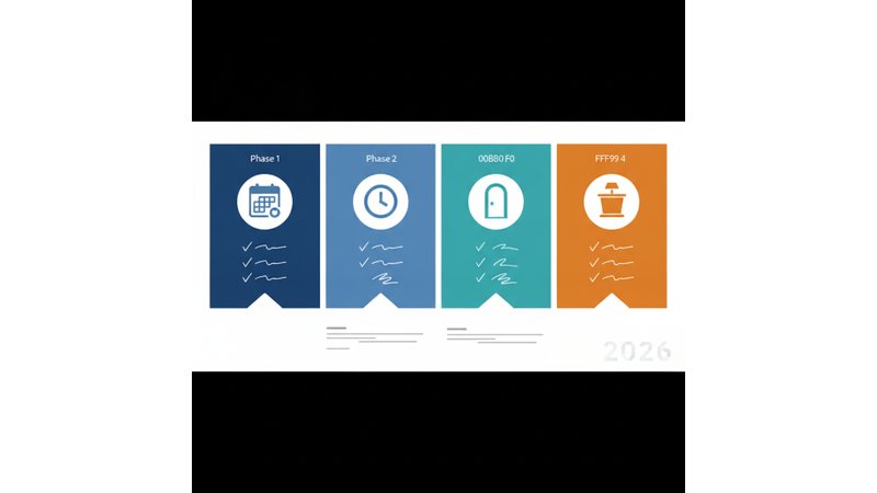 Infográfico mostrando as 4 fases do checklist com ícones (calendário, relógio, porta, apresentação) e cores diferentes para cada fase