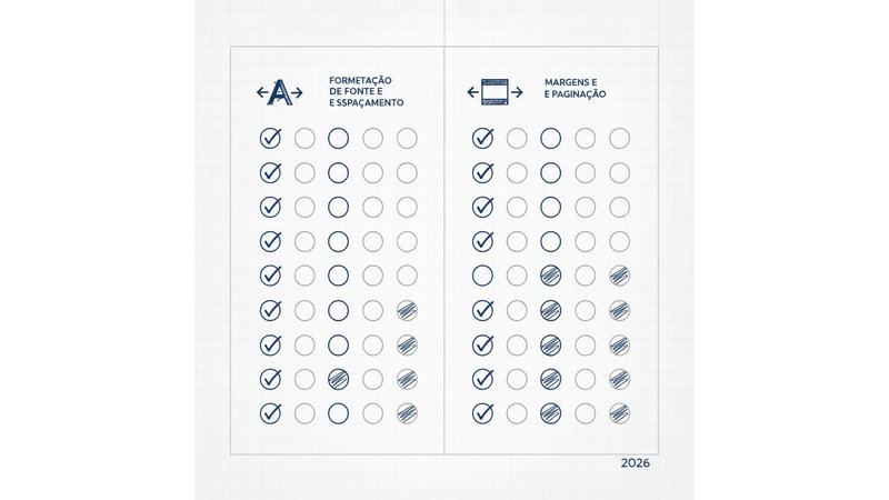 Checklist visual em formato de tabela ou infográfico mostrando todos os itens ABNT para verificação