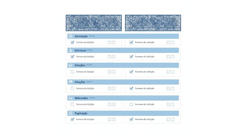Checklist visual em formato de tabela com caixas de seleção, agrupado por categorias (Formatação, Estrutura, Citações, Referências, Paginação)