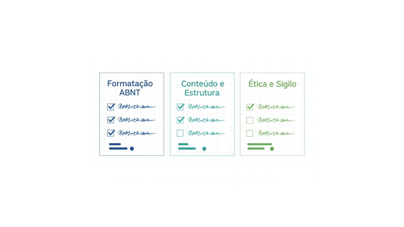 Checklist visual em formato infográfico com caixas de seleção, cores e ícones para cada categoria (Formatação ABNT, Conteúdo, Ética)