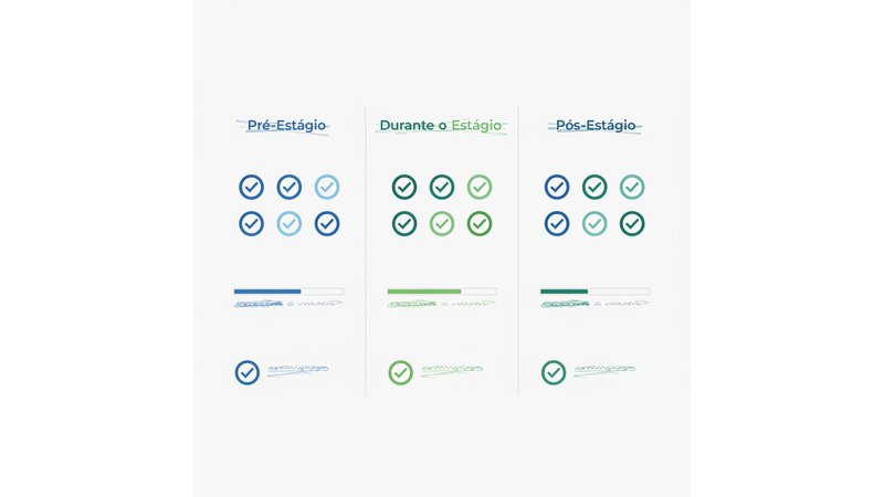 Checklist visual em formato de cards ou infográfico com as três fases do estágio
