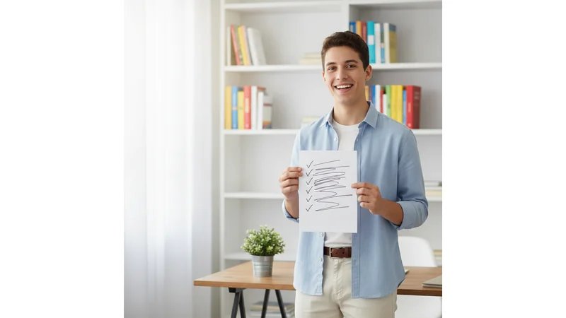 Estudante sorridente segurando checklist em frente a estante de livros, transmitindo organização e confiança | Alt text: "Estudante com checklist para começar dissertação de mestrado"