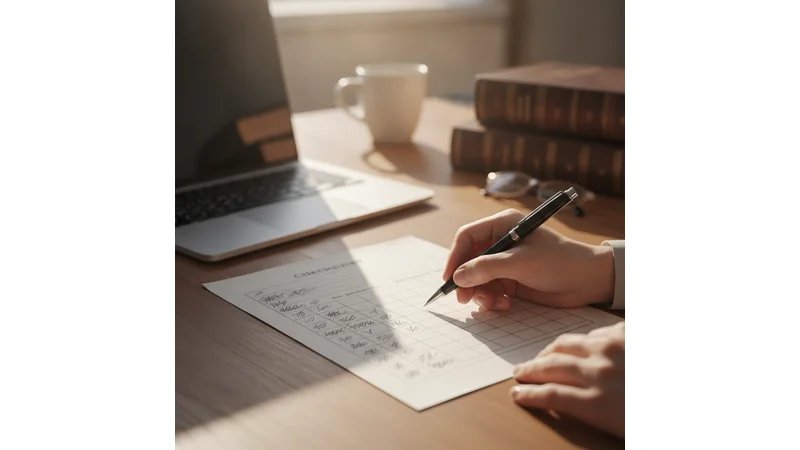 Checklist visual em formato de caixa de seleção, organizado em 3 categorias (Estrutura, Normas ABNT, Conteúdo) com 15-20 itens específicos para TCC de Direito.