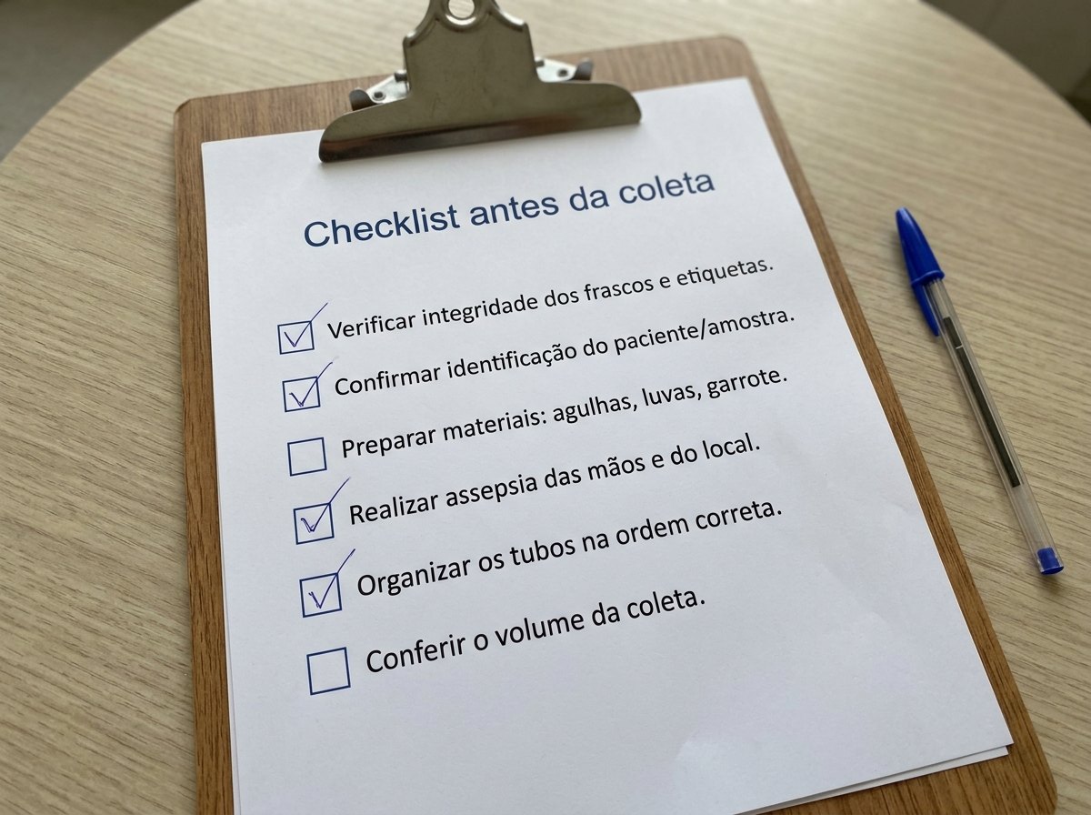Prancheta com lista de verificacao a ser conferida antes de iniciar a coleta