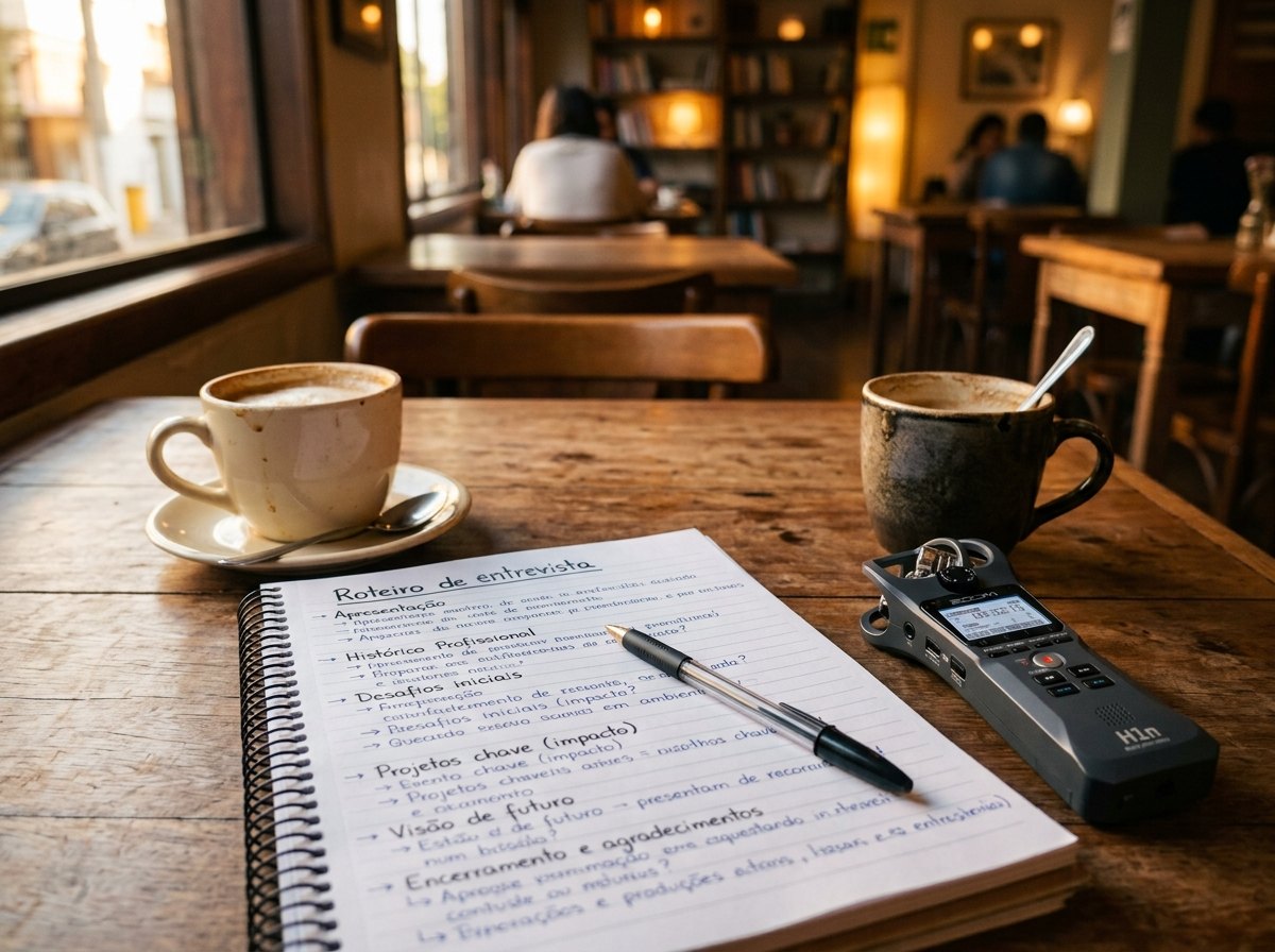 Mesa de madeira com gravador de audio, caderno com roteiro de entrevista e duas xicaras de cafe