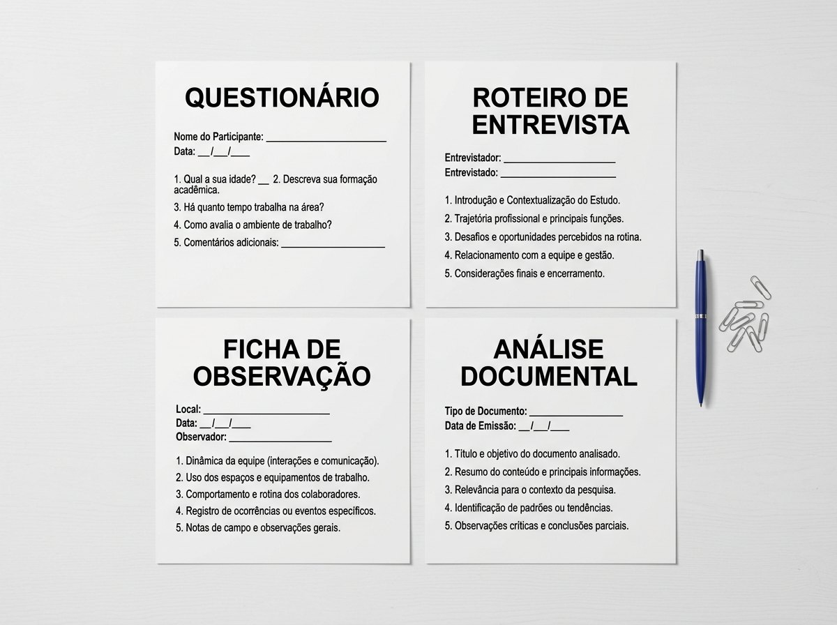Instrumentos de coleta de dados: questionario, roteiro de entrevista, ficha de observacao e analise documental