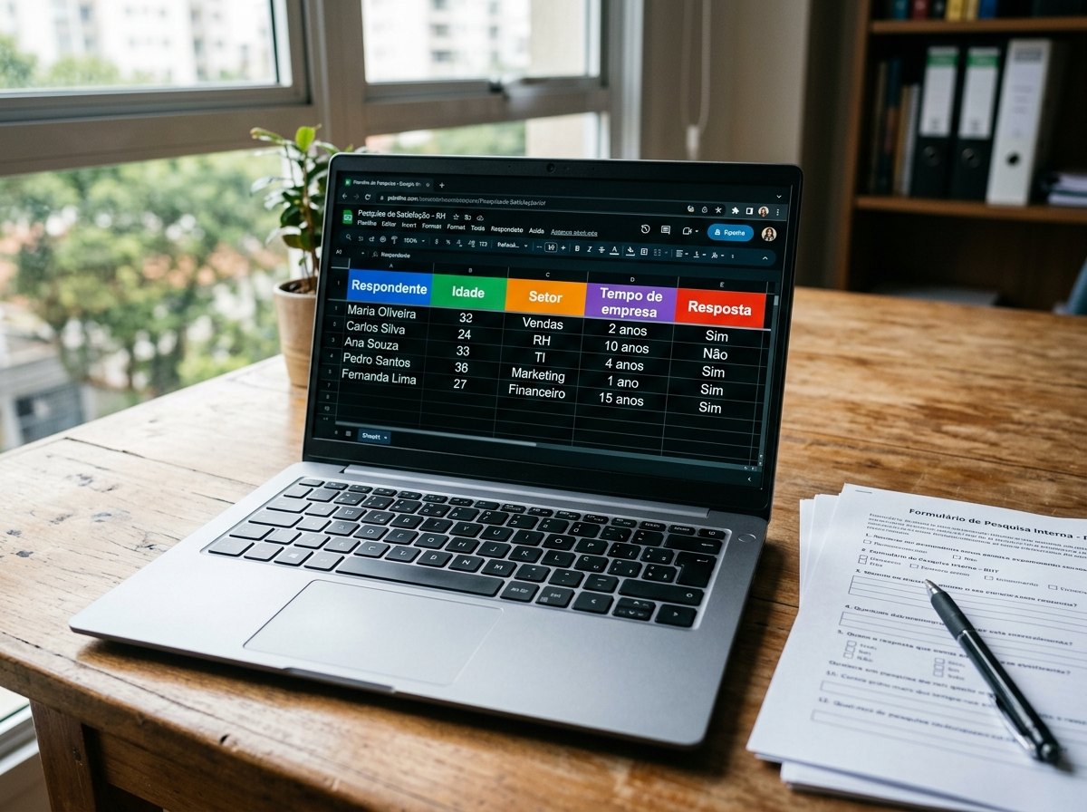 Notebook exibindo planilha de tabulacao com colunas de respondente, idade, setor e resposta