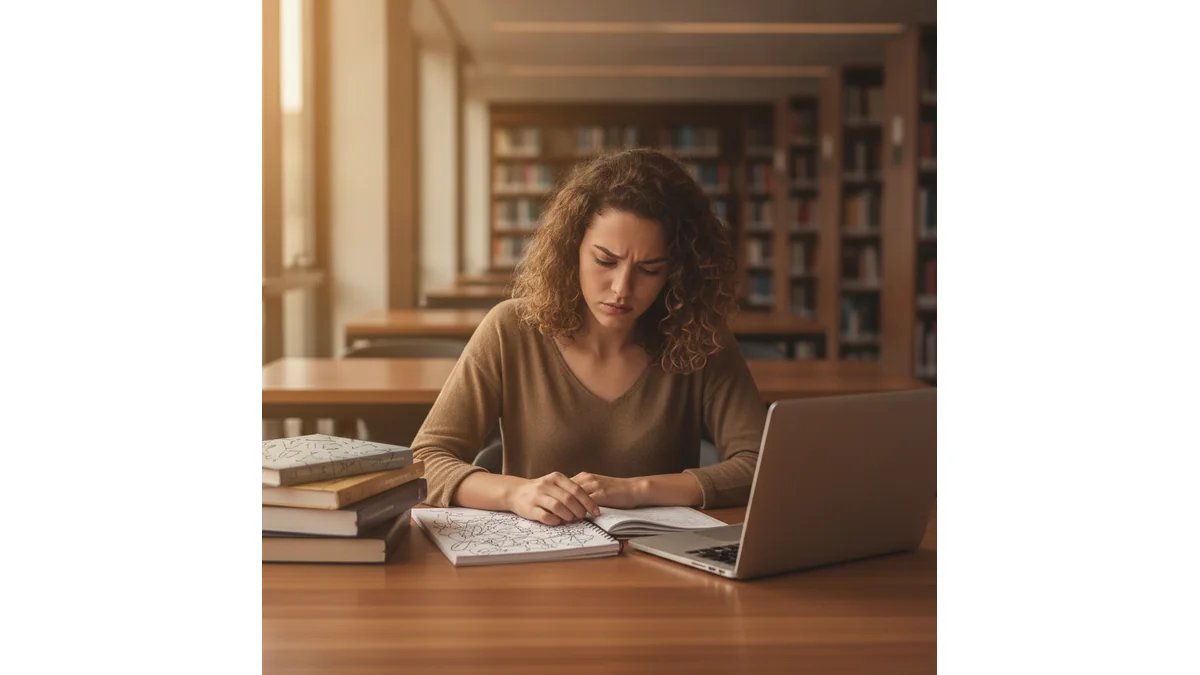 Pesquisadora anotando o desenho da metodologia de artigo científico em um caderno ao lado do notebook