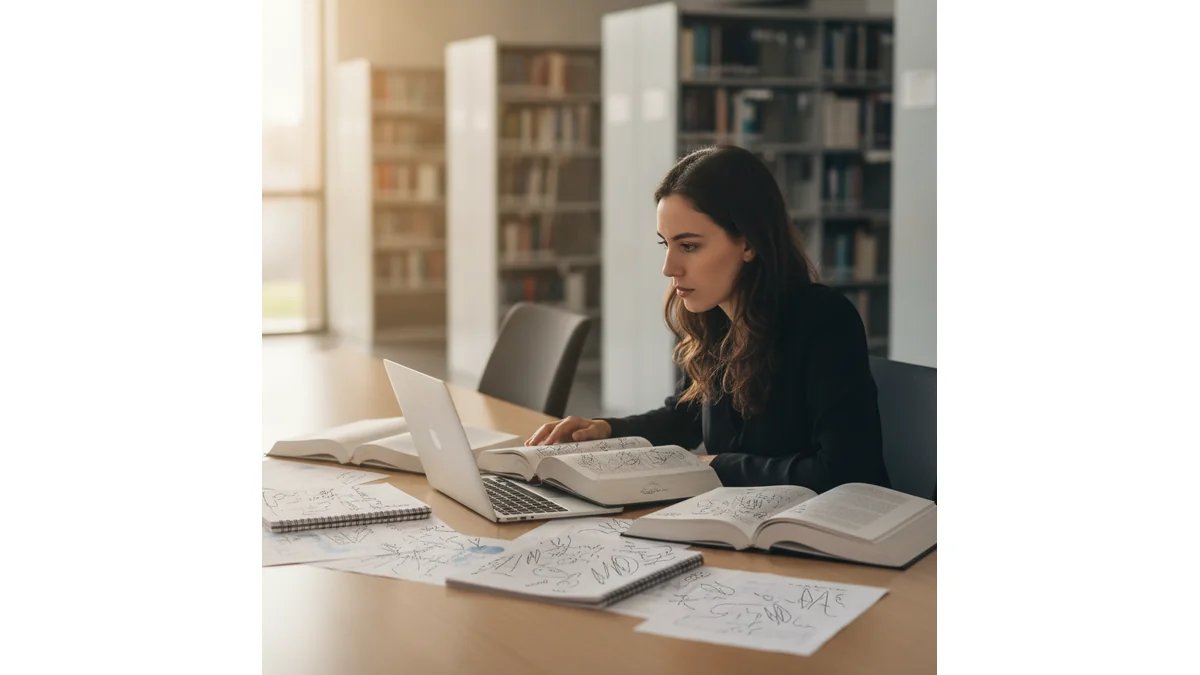 Doutorando concentrado escrevendo tese em computador, com notas e livros ao redor, representando o processo de pesquisa e escrita acadêmica