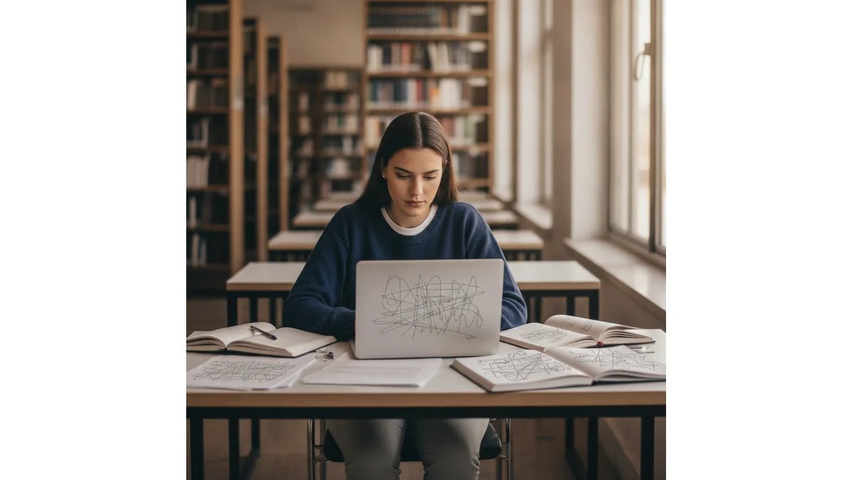 Estudante escrevendo a conclusão de monografia em um caderno ao lado do trabalho impresso