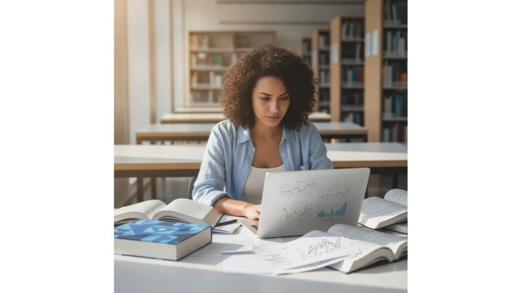 Estudante universitária em biblioteca moderna analisando como fazer considerações finais em trabalhos acadêmico com livros e laptop