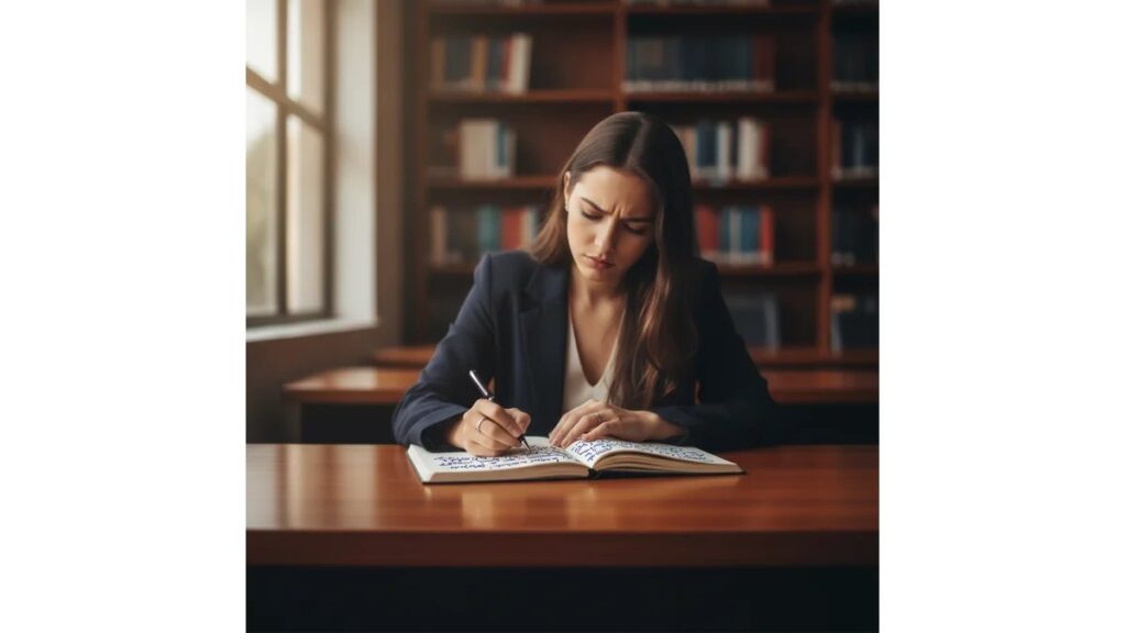 Estudante universitária escrevendo Como Fazer Dedicatória no TCC em biblioteca moderna com notebook e livros, representando profissionalismo acadêmico