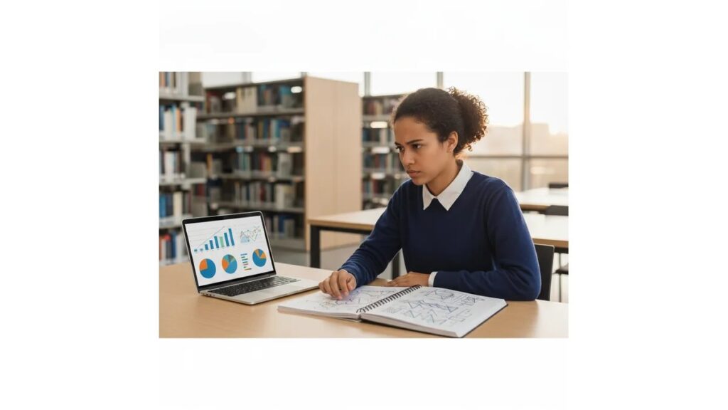 Estudante universitária analisando Como Fazer Discussão de TCC com gráficos e diagramas em ambiente acadêmico moderno
