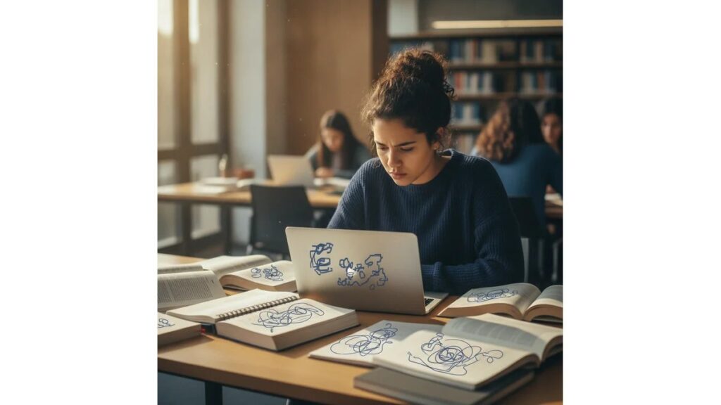 Estudante universitária concentrada em seu estudo de dissertação expositiva, cercada por livros e anotações em biblioteca moderna
