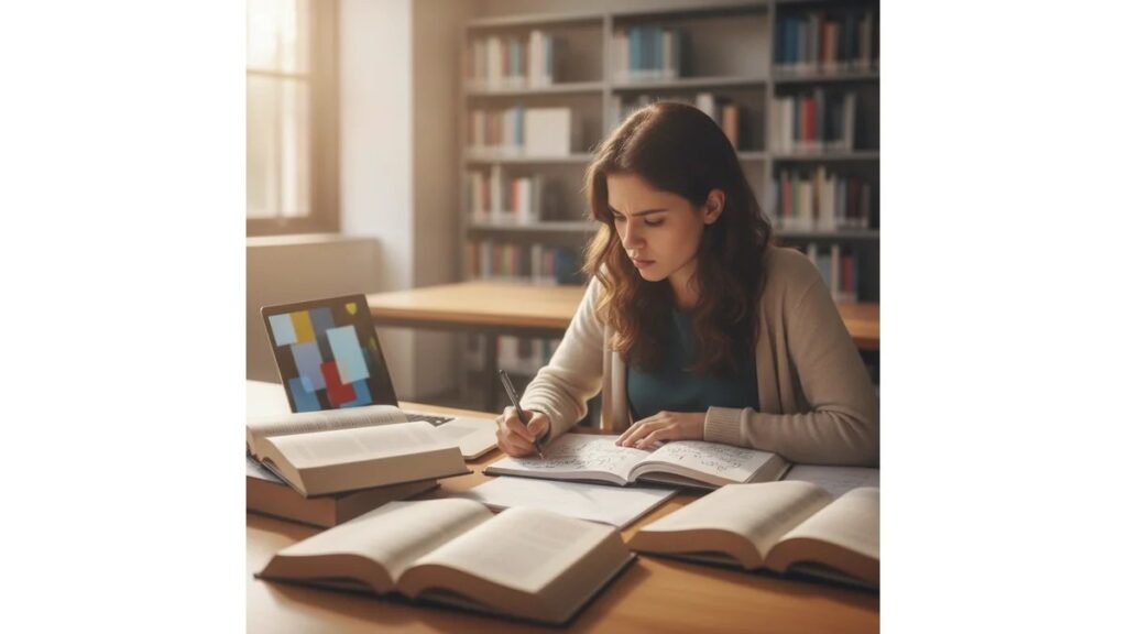 Fundamentação teórica do TCC: estudante organizando artigos e autores que sustentam a pesquisa