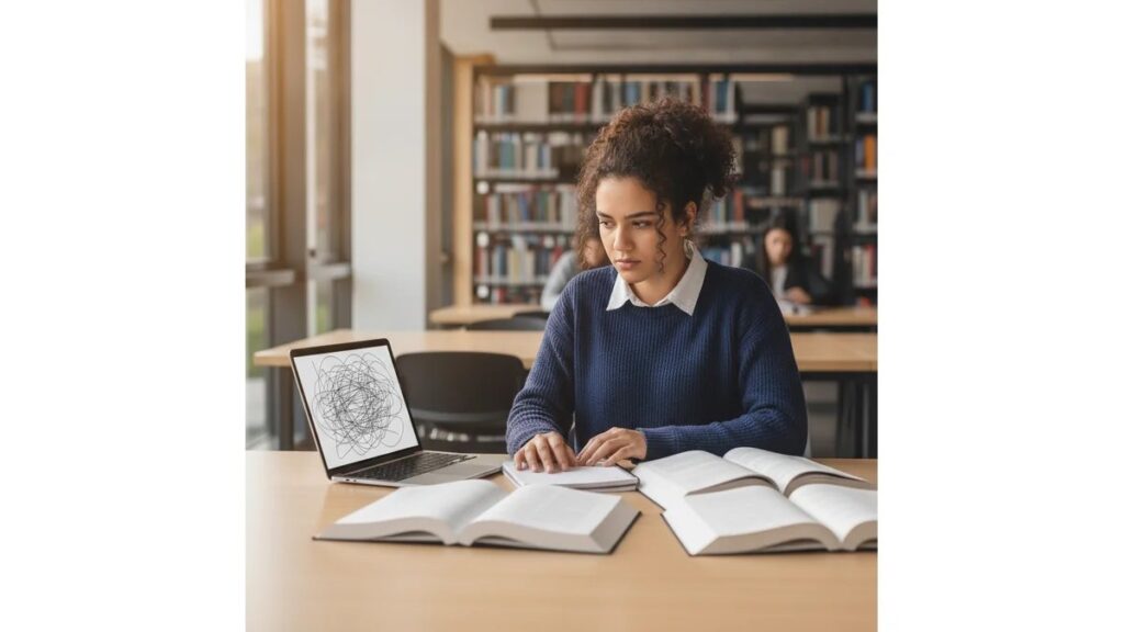 Estudante universitária estruturando Como Fazer Introdução de Artigo Científico em biblioteca com livros e notebook