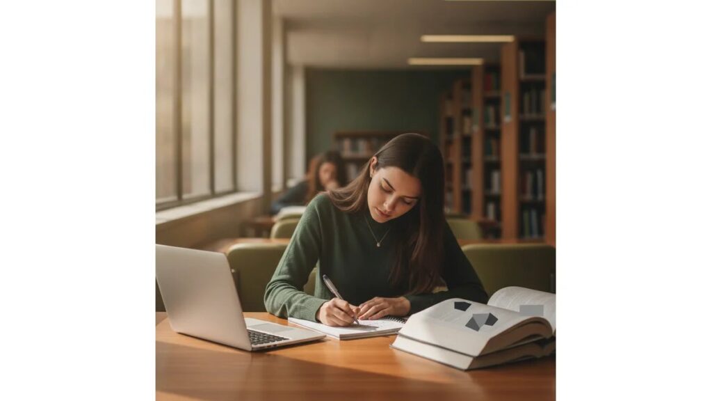 Estudante universitária escrevendo Como Fazer Uma Justificativa em Monografia em mesa de trabalho com livros e computador, em ambiente de biblioteca moderna