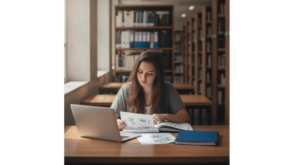 Estudante universitária estruturando Como Fazer Justificativa de um Projeto de pesquisa em ambiente acadêmico com documentos e computador