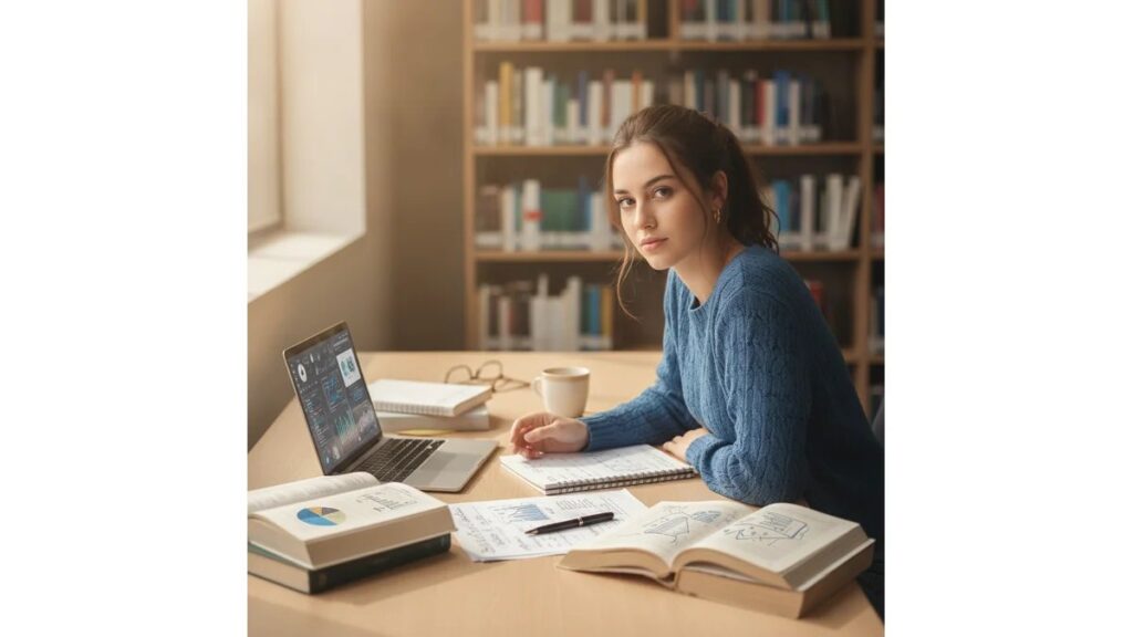 Como fazer metodologia de monografia: ilustração de um estudante universitário em sua mesa de trabalho, cercado por livros, notebook e anotações