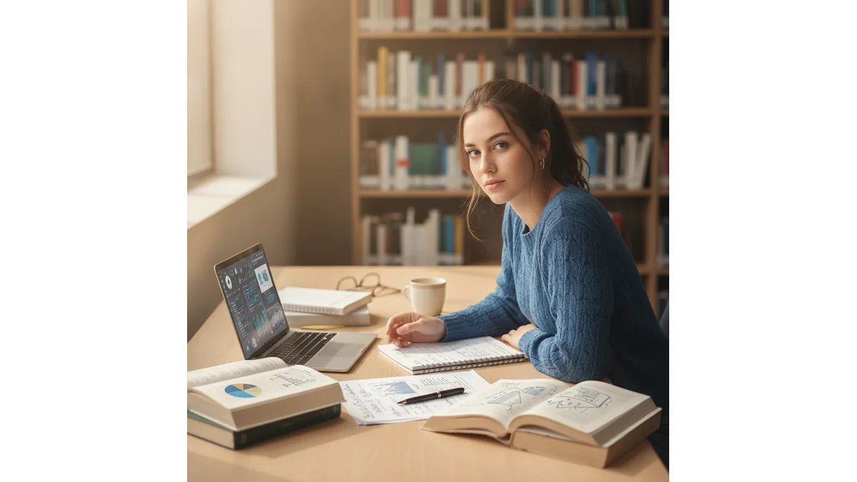 Como fazer metodologia de monografia: ilustração de um estudante universitário em sua mesa de trabalho, cercado por livros, notebook e anotações