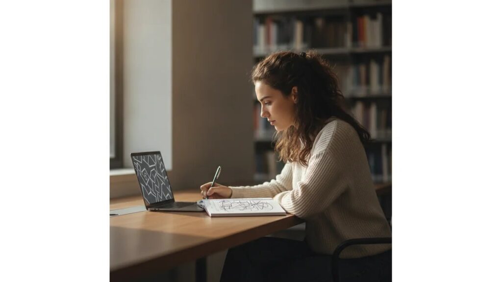 Estudante universitária em biblioteca moderna estudando Como Fazer Monografia com notebook e caderno aberto
