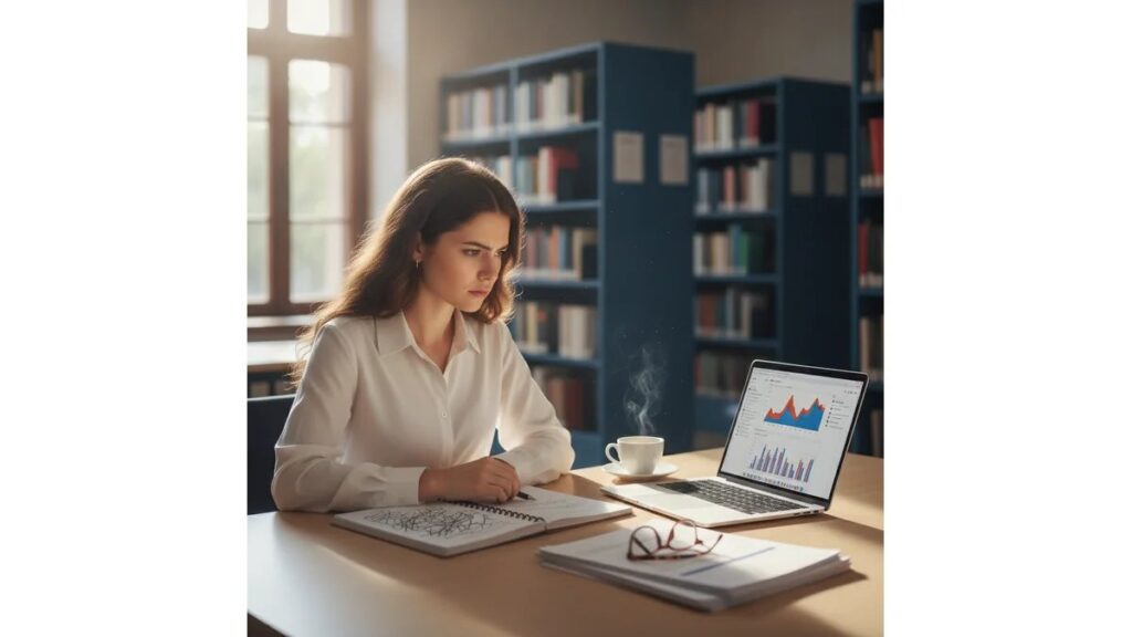 Mestranda organizando  como fazer projeto de pesquisa para mestrado com documentos estruturados, notebook e materiais de planejamento em desk universitário moderno