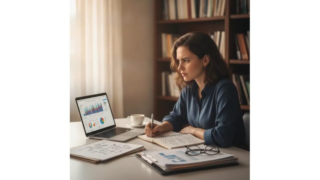 Mestranda organizando Como Fazer Projeto de Pesquisa para Mestrado com documentos estruturados, notebook e materiais de planejamento em desk universitário moderno