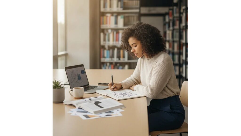 Estudante universitária consultando Como Fazer Referências em biblioteca moderna para estruturar referências ABNT
