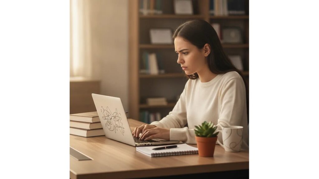 Estudante universitária digitando como fazer resumo ABNT no notebook, com livros e materiais de estudo organizados na mesa
